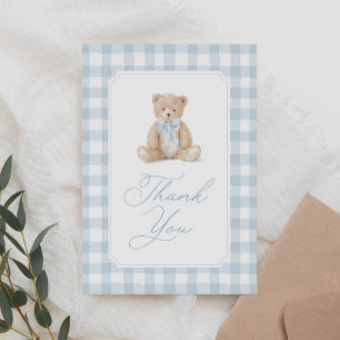 Blaue Gingham-Teddybär-Baby-Party Dankeskarte