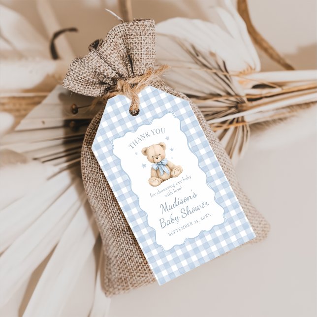 Blaue Gingham-Teddybär-Baby-Party Geschenkanhänger (Von Creator hochgeladen)