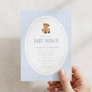 Blaue Gingham-Teddybär-Baby-Shower-Einladung Ankündigung