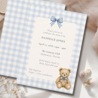 Blaue Gingham-Teddybär-Baby-Shower-Einladung
