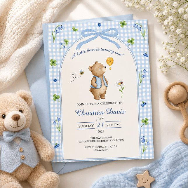 Blaue Gingham-Teddybär-Erster Geburtstag Einladung (Von Creator hochgeladen)