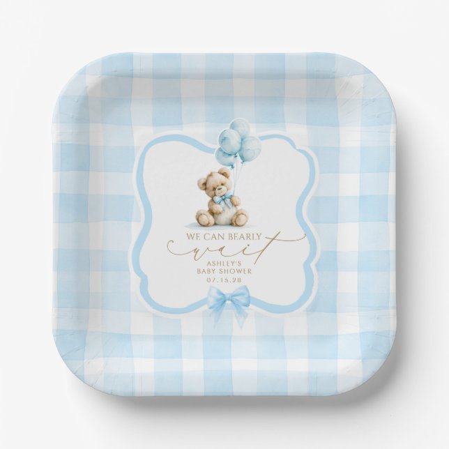 Blaue Gingham-Teddybär-Junge-Baby-Party Pappteller (Vorderseite)