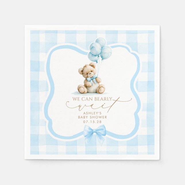 Blaue Gingham-Teddybär-Junge-Baby-Party Serviette (Vorderseite)