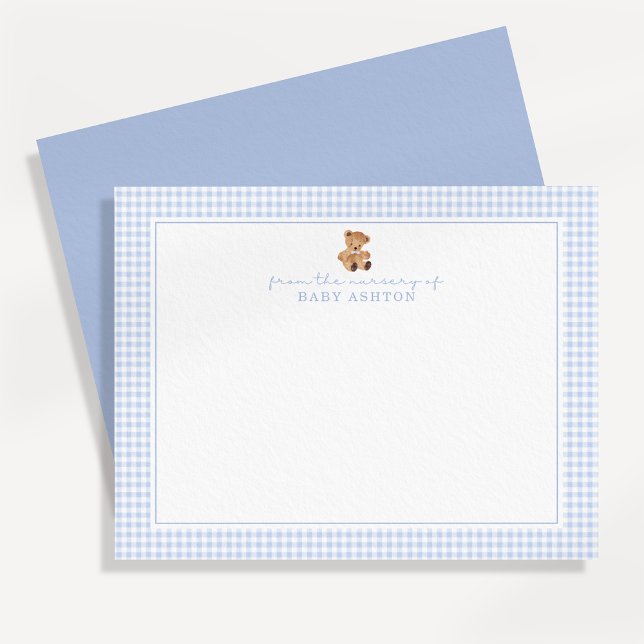 Blaue Gingham-Teddybär-Kinderzimmer-Notizkarte Ankündigung (Von Creator hochgeladen)