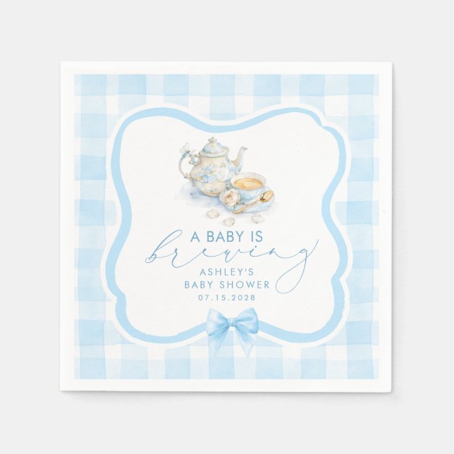 Blaue Gingham-Teeparty-Junge-Baby-Party Serviette (Vorderseite)