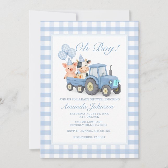 Blaue Gingham-Traktor-Baby-Shower-Tiere Einladung (Vorderseite)