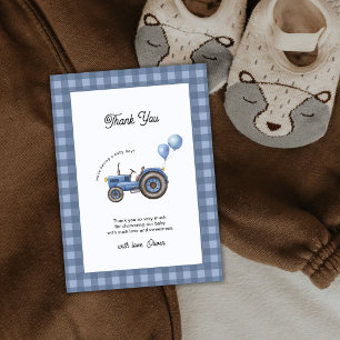 Blaue Gingham-Traktor-Ballon-Junge-Baby-Party Dankeskarte