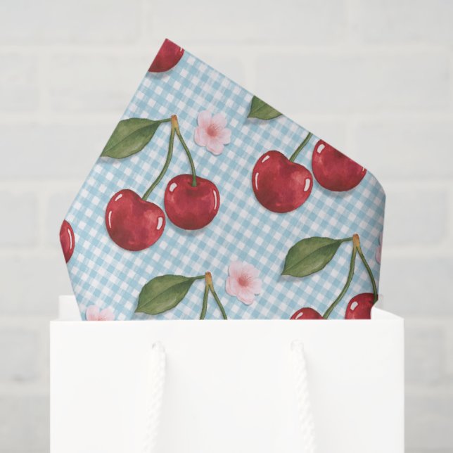 Blaue Gingham und Kirschen Seidenpapier (Geschenk Tasche)