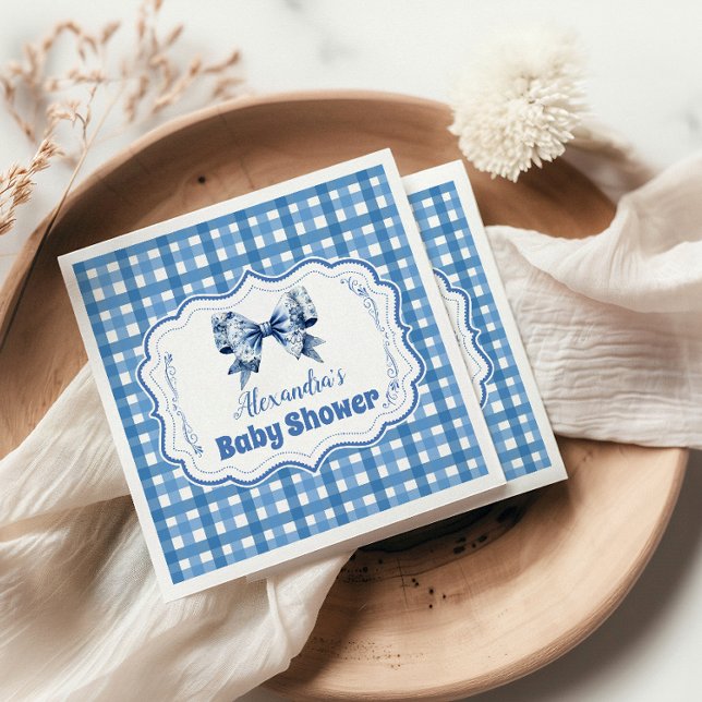 Blaue Gingham- und Schleifen-Baby-Party Serviette (Von Creator hochgeladen)