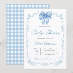 Blaue Gingham- und Schleifen-Baby Shower Boy Einladung
