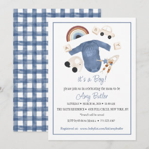 Blaue Gingham- und Spielzeug-Baby-Jungen-Shower-Ei Einladung
