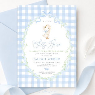 Blaue Gingham Verrückte Gans Baby Shower Einladung