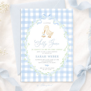 Blaue Gingham Verrückte Gans Baby Shower Einladung