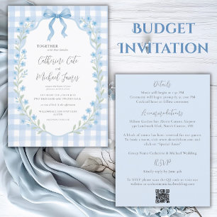 Blaue Gingham Vintage Blumen Hochzeit auf Budget Einladung