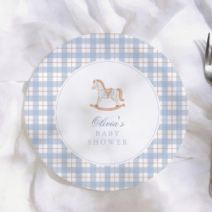 Blaue Gingham Vintage Schaukelpferd-Baby-Party Pappteller