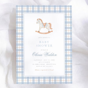 Blaue Gingham Vintage Schaukelpferd Baby Shower Einladung