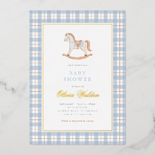 Blaue Gingham Vintage-Schaukelpferd-Baby-Shower Folieneinladung
