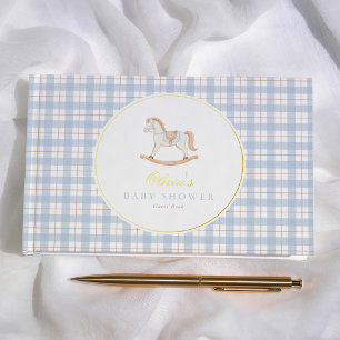 Blaue Gingham Vintage Schaukelpferd Baby Shower Gästebuch