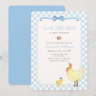 Blaue Gingham-Vorbereitung auf kleines Küken-Baby- Einladung