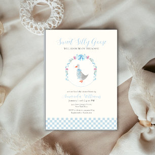 Blaue Gingham-Wald-Silvester-Gans-Baby-Party Einladung