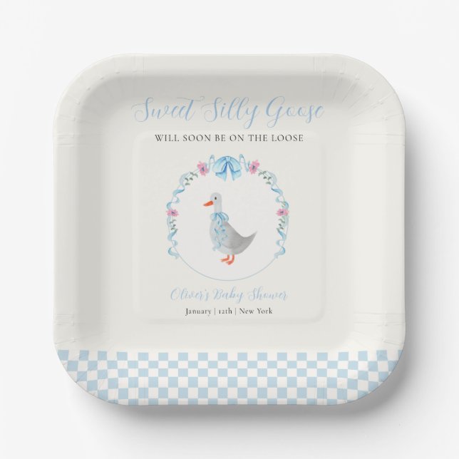Blaue Gingham-Wald-Silvester-Gans-Baby-Party Pappteller (Vorderseite)