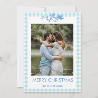 Blaue Gingham-Weihnachts-Paar-Foto-Feiertagskarte Einladung