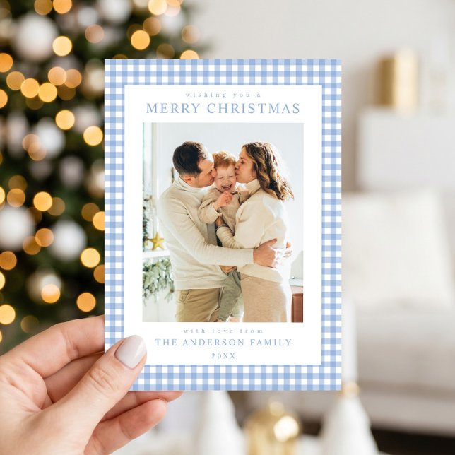 Blaue Gingham-Weihnachtsfoto Feiertagskarte (Von Creator hochgeladen)