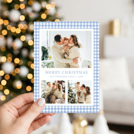 Blaue Gingham-Weihnachtsfoto Feiertagskarte