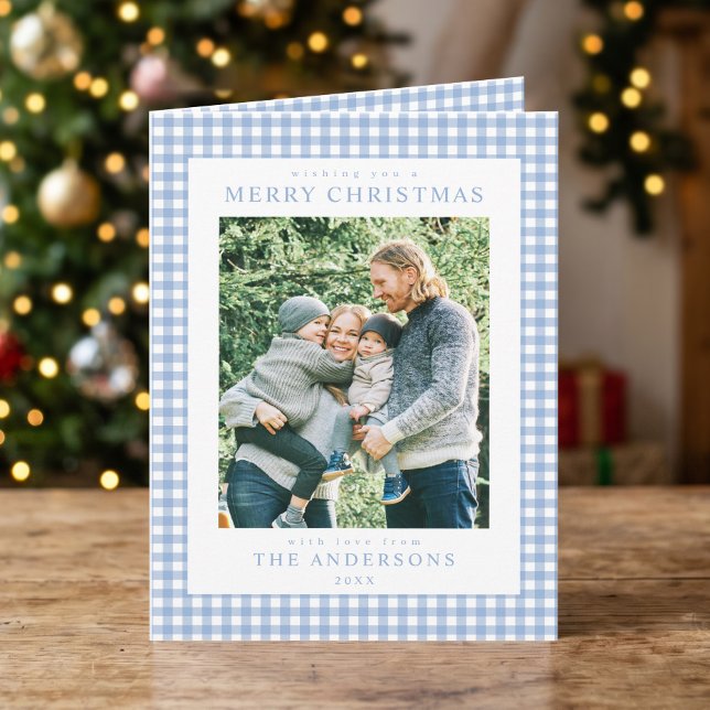 Blaue Gingham-Weihnachtsfoto Feiertagskarte (Von Creator hochgeladen)
