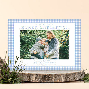Blaue Gingham-Weihnachtsfoto Feiertagskarte