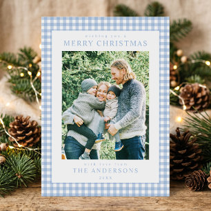 Blaue Gingham-Weihnachtsfoto Feiertagskarte