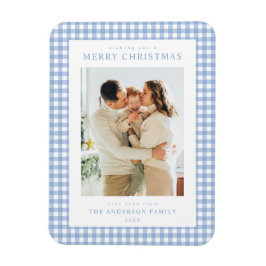 Blaue Gingham-Weihnachtsfoto Magnet