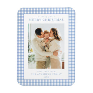 Blaue Gingham-Weihnachtsfoto Magnet