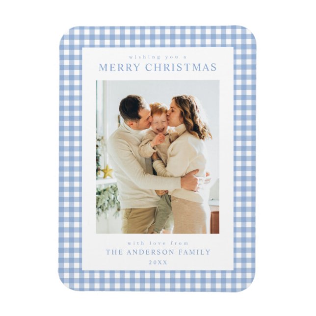 Blaue Gingham-Weihnachtsfoto Magnet (Vertikal)