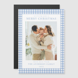 Blaue Gingham-Weihnachtsfoto-Magnet-Weihnachtskart Magneteinladung