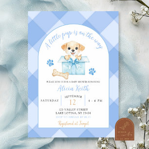 Blaue Gingham-Welpen-Baby-Party Einladung