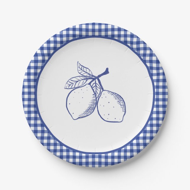 Blaue Gingham-Zitronen-Sommerfeier-Papier Pappteller (Vorderseite)