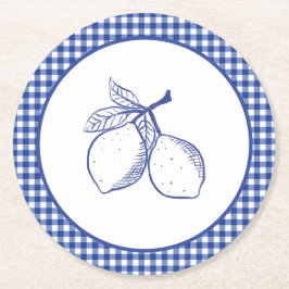 Blaue Gingham-Zitronen-Sommerparty-Papier Runder Pappuntersetzer