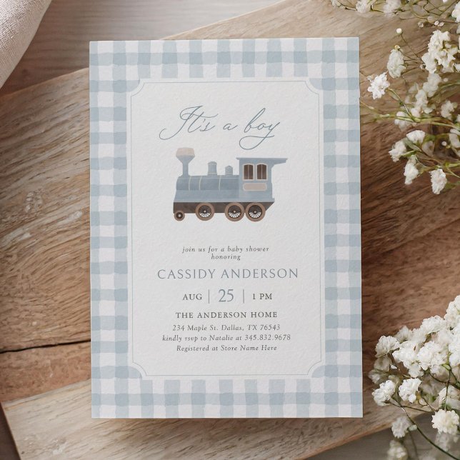 Blaue Gingham-Zug-Baby-Party Einladung (Von Creator hochgeladen)