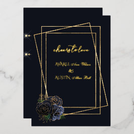 Blaue Glam-Rose und Schwarz-Gold-Folien Folieneinladung