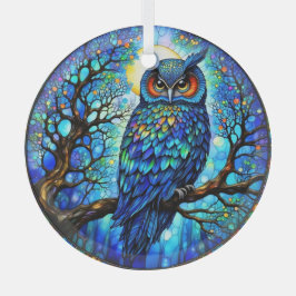 Blaue Glas-Eule in Buntglas - Runde Glasdekoration Ornament Aus Glas