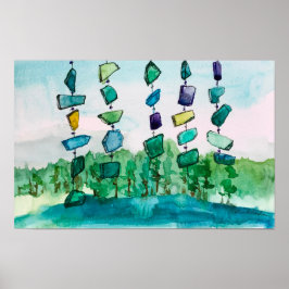 Blaue Glaslandschaftsmalerei Lake Chimes Poster