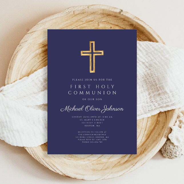 Blaue Glaubensgemeinschaft des Boys der Marine Einladung (Navy Blue Religious Cross Boy First Communion Invitation)