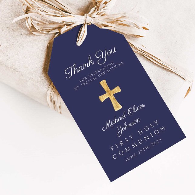 Blaue Glaubensgemeinschaft des Boys der Marine Geschenkanhänger (Navy Blue Religious Cross Boy First Communion Gift Tags)