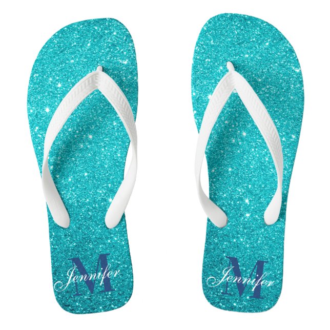 Blaue Glitter Glam Monogramm Flip Flops (Fußbett)