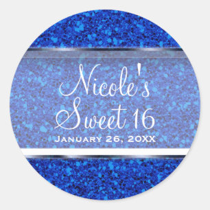 Blaue Glitter Glam Sweet 16 individuelle Partygesc Runder Aufkleber