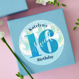 Blaue Glitter Sweet 16 Geburtstagsballons Schrift Runder Aufkleber
