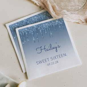Blaue Glitter-Tröpfchen Glam Sweet 16 Geburtstagsf Serviette