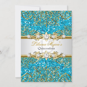 Blaue Glitter- und Gold-Damaskus-Quinceanera-Einla Einladung