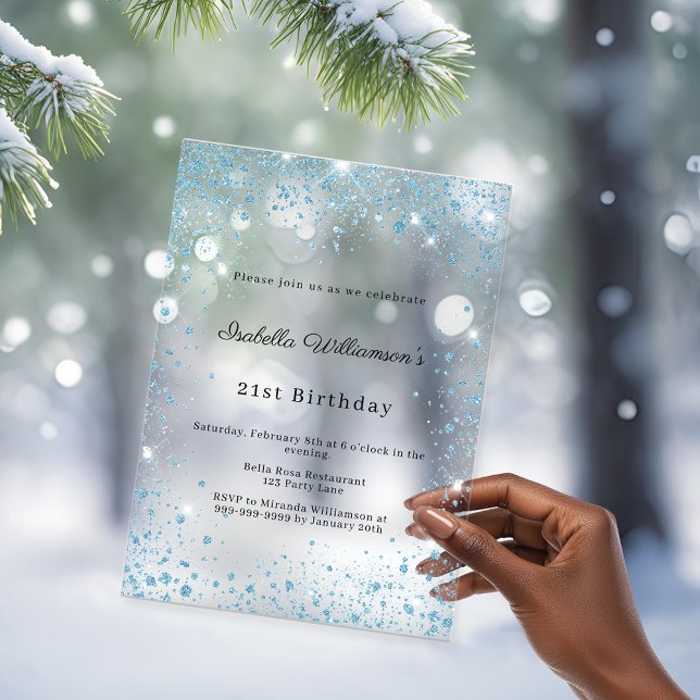 Blaue Glitter-Winterparty-Frosted-Geburtstag Acryleinladungen (Von Creator hochgeladen)
